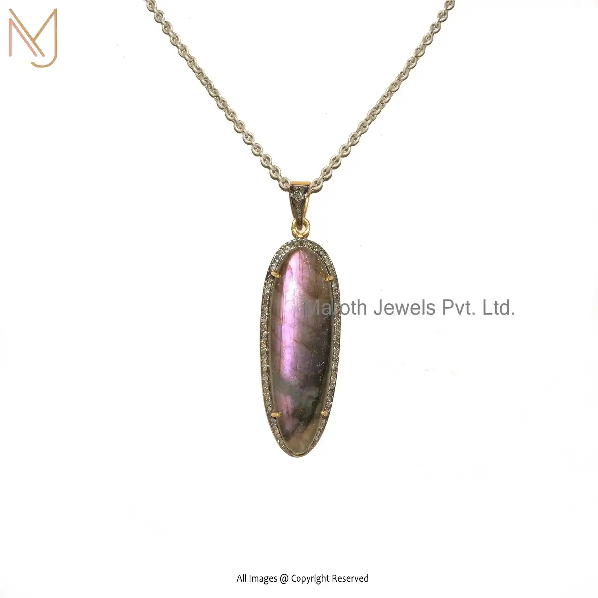 925 Silver Rhodium Plated Diamond And Labradorite Gemstone Shell Pendant Jewelry USA