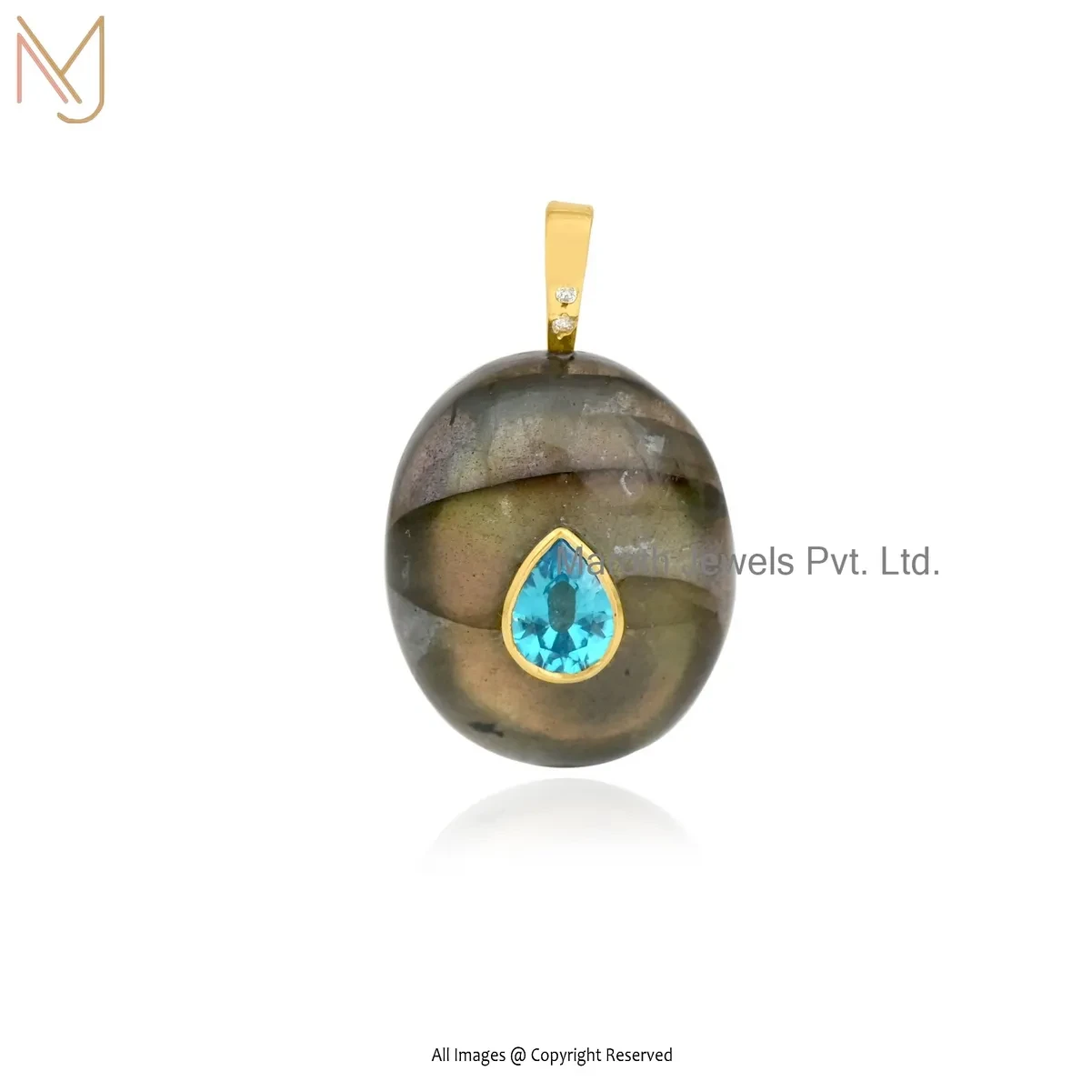 Wholesale 14K Yellow Gold Cubic Zircon & Labradorite And Blue Topaz Oval Pendant