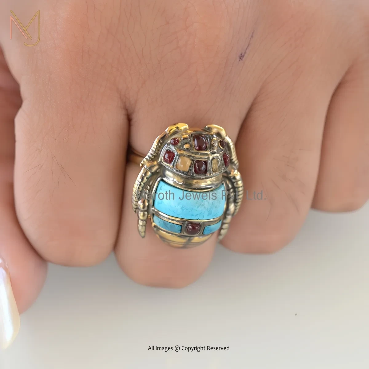 Wholesale 14K Yellow Gold Turquoise And Sunstone Scarab Ring