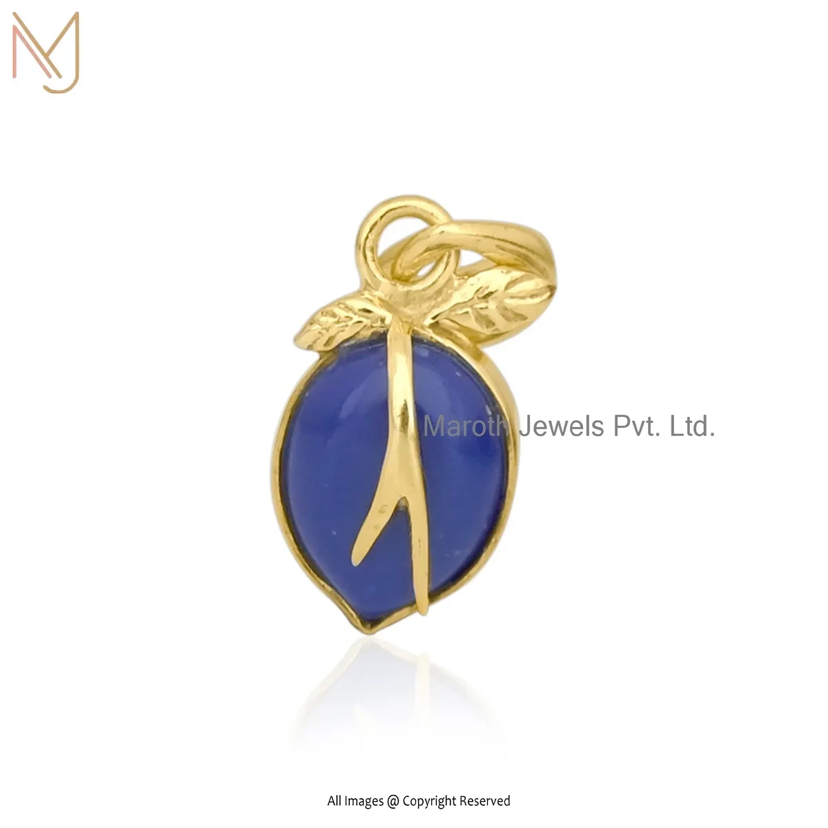 14K Yellow Gold Lapiz Lazuli Gemstone Lemon Fruit Charm Pendant USA