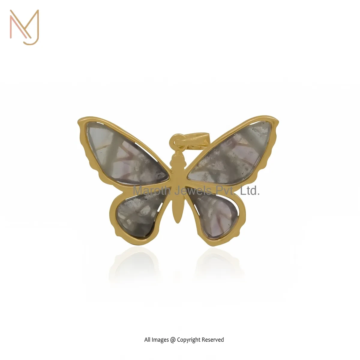 925 Silver Yellow Gold Plated Rose Quartz Butterfly Pendant Custom Jewelry