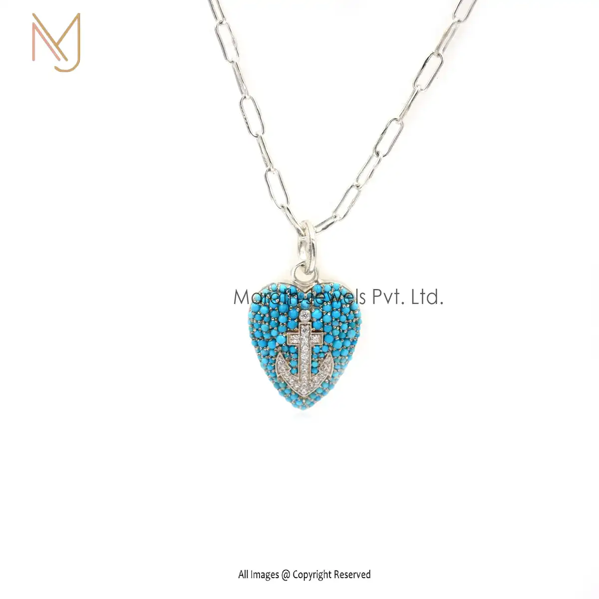 925 Silver Natural Silver Turquoise & White Topaz Heart Pendant For Necklace USA