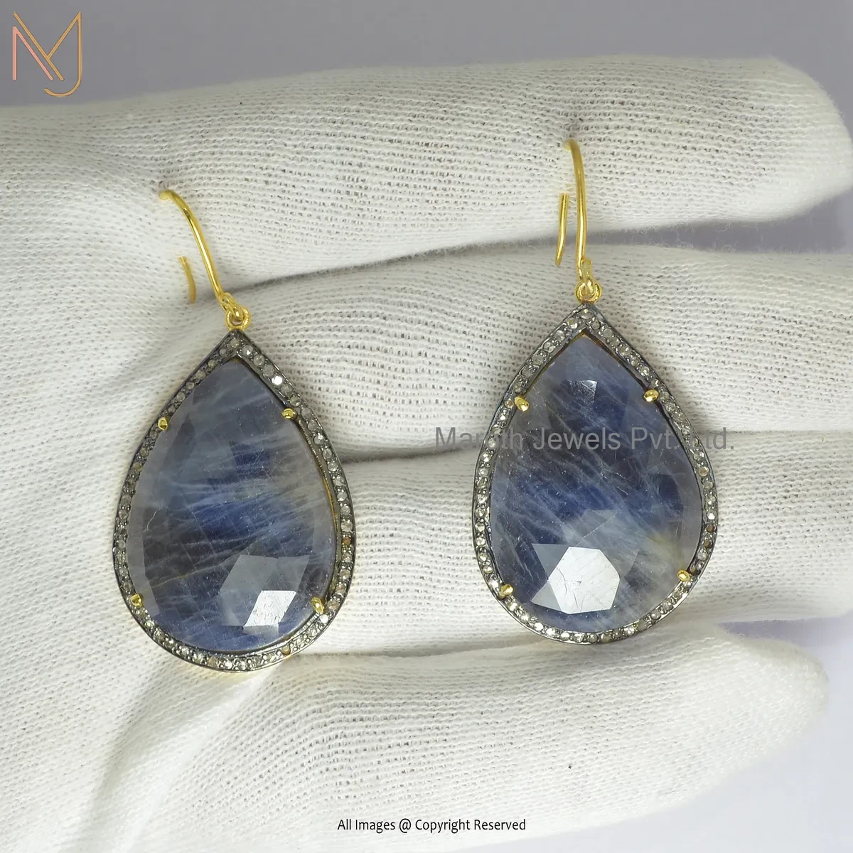 14K Yellow Gold Pave Diamond Blue Sapphire Gemstone Drop Earring Jewelry Supplier