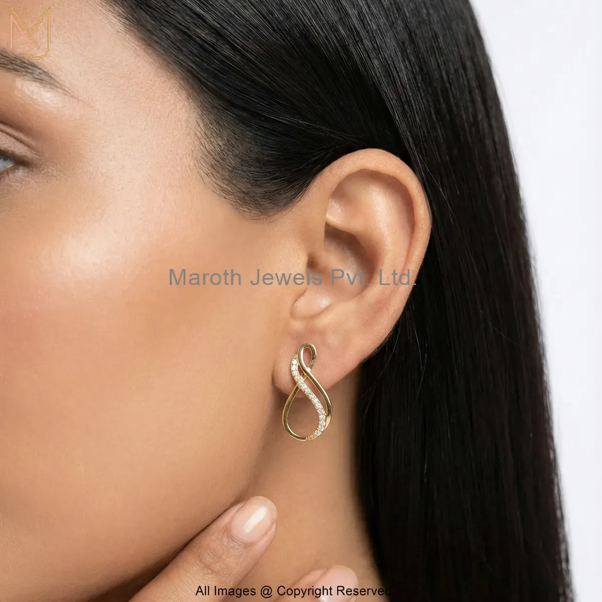 Wholesale 14K Yellow Gold Diamond Cubic Zircon Twin Infinity Diamond Drop Earrings