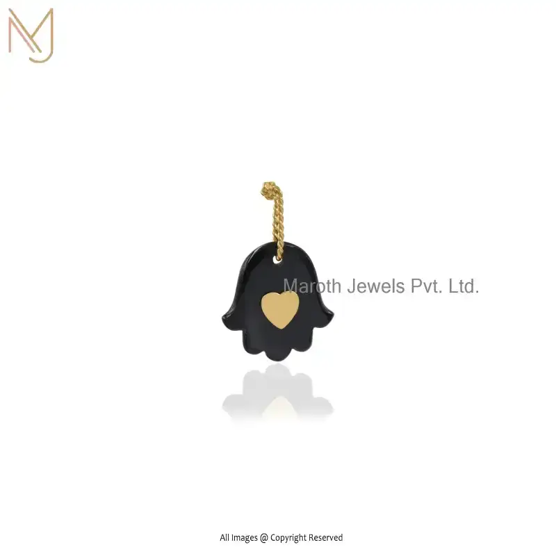 925 Silver Yellow Gold Plated Black Onxy With Heart Hamsa Charm Pendant Custom Jewelry