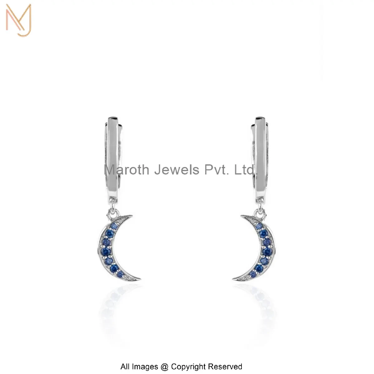 925 Silver White Gold Plated Blue Sapphire Half Moon Drop Earring Jewelry Supplier