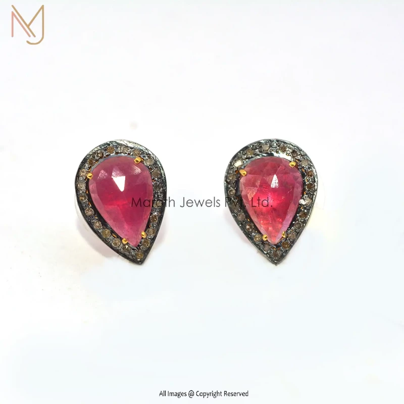 925 Silver Pave Diamond Ruby Gemstone Drop Studs Earrings