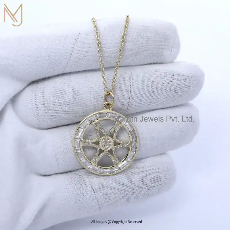 Private Lable 925 Silver Yellow Gold Plated Diamond & White Topaz Baguettes Wheel Star Disc Pendant