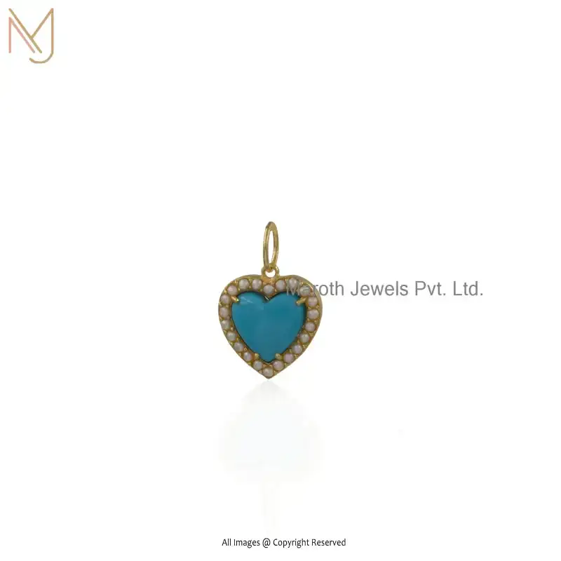 925 Sterling Silver Yellow Gold Plated Turquoise OR Pearl Heart Charm Pendant Custom Jewelry