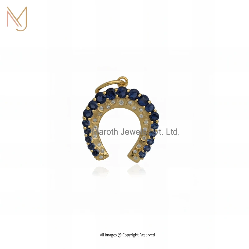 Private Lable 925 Silver Yellow Gold Plated Moissanite And Blue Sapphire Horseshoe Pendant