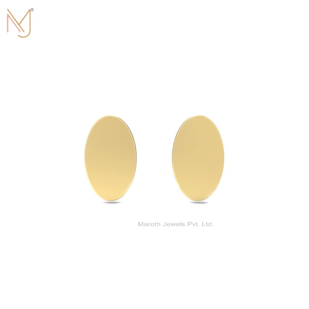 14K Yellow Gold Oval Design Stud Earrings Privated Level Handmade Jewelry
