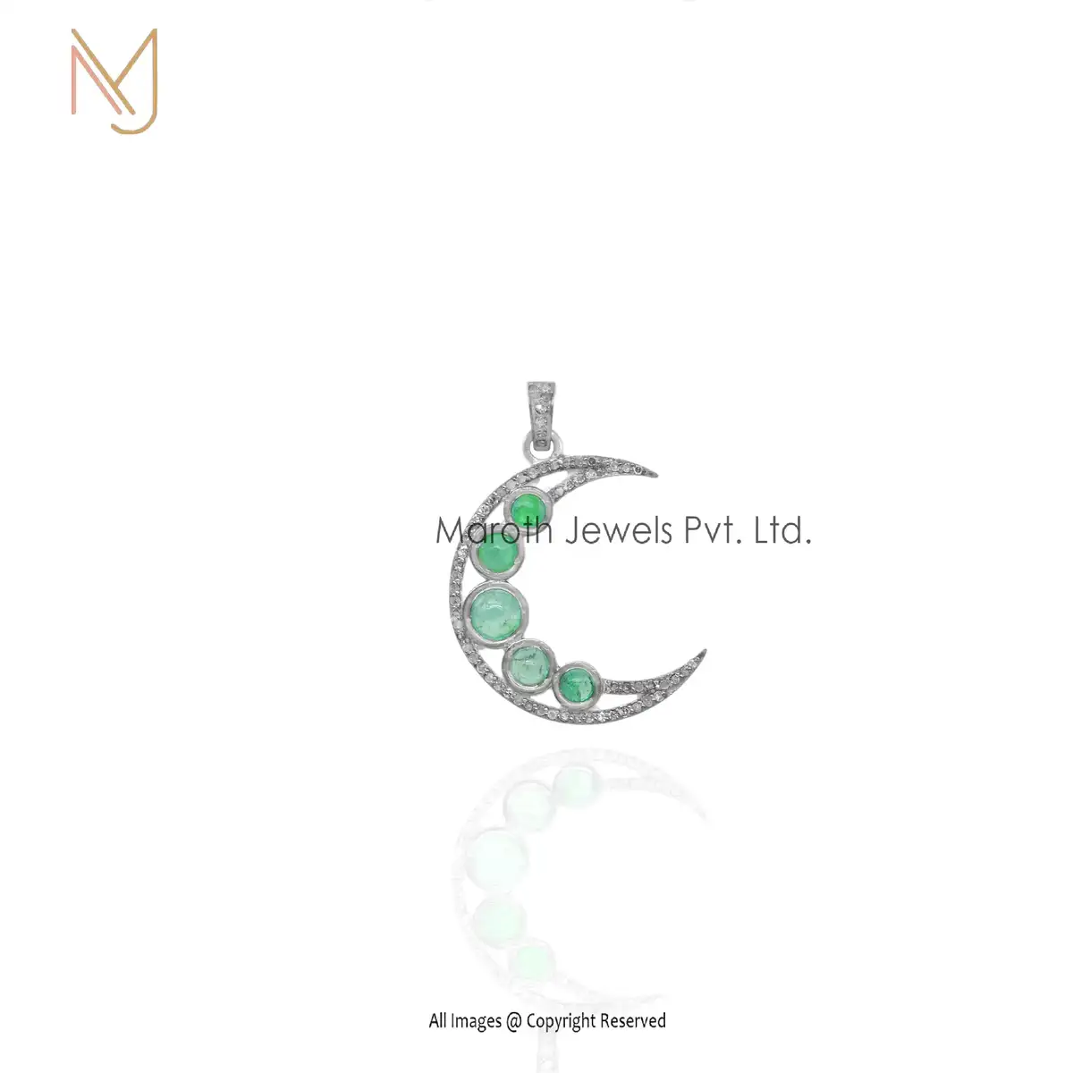 14k Gold pave Diamond And Emerald Gemstone Moon Pendant Manufacturer