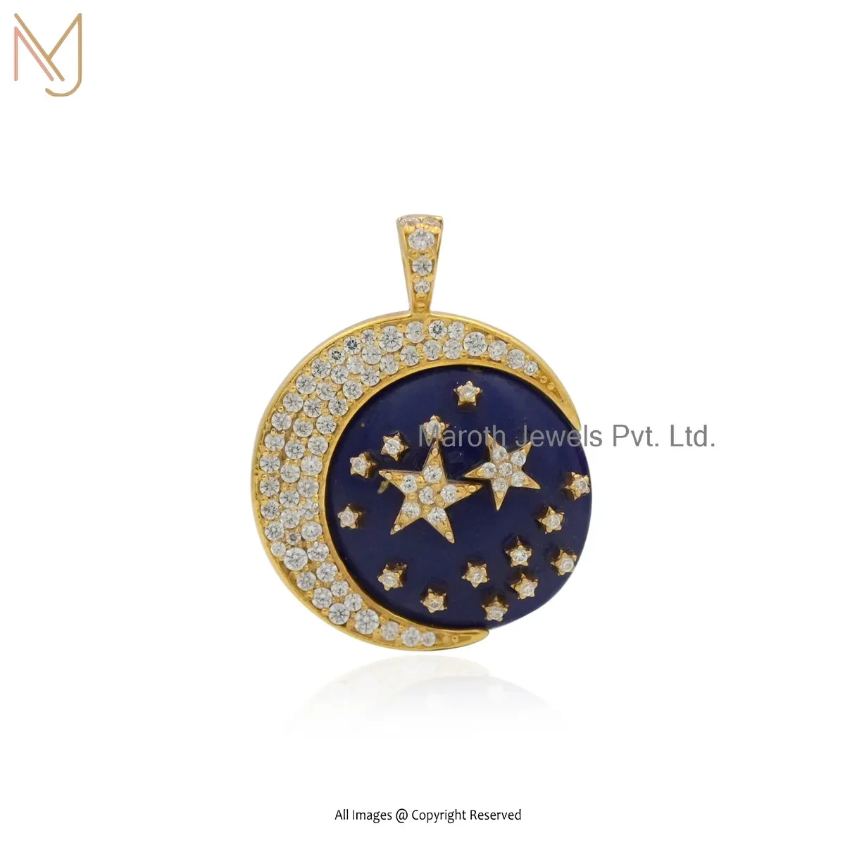 Private Lable 925 Sterling Silver Yellow Gold Plated Lapiz Lazuli Cubic Zircon Star Moon Pendant