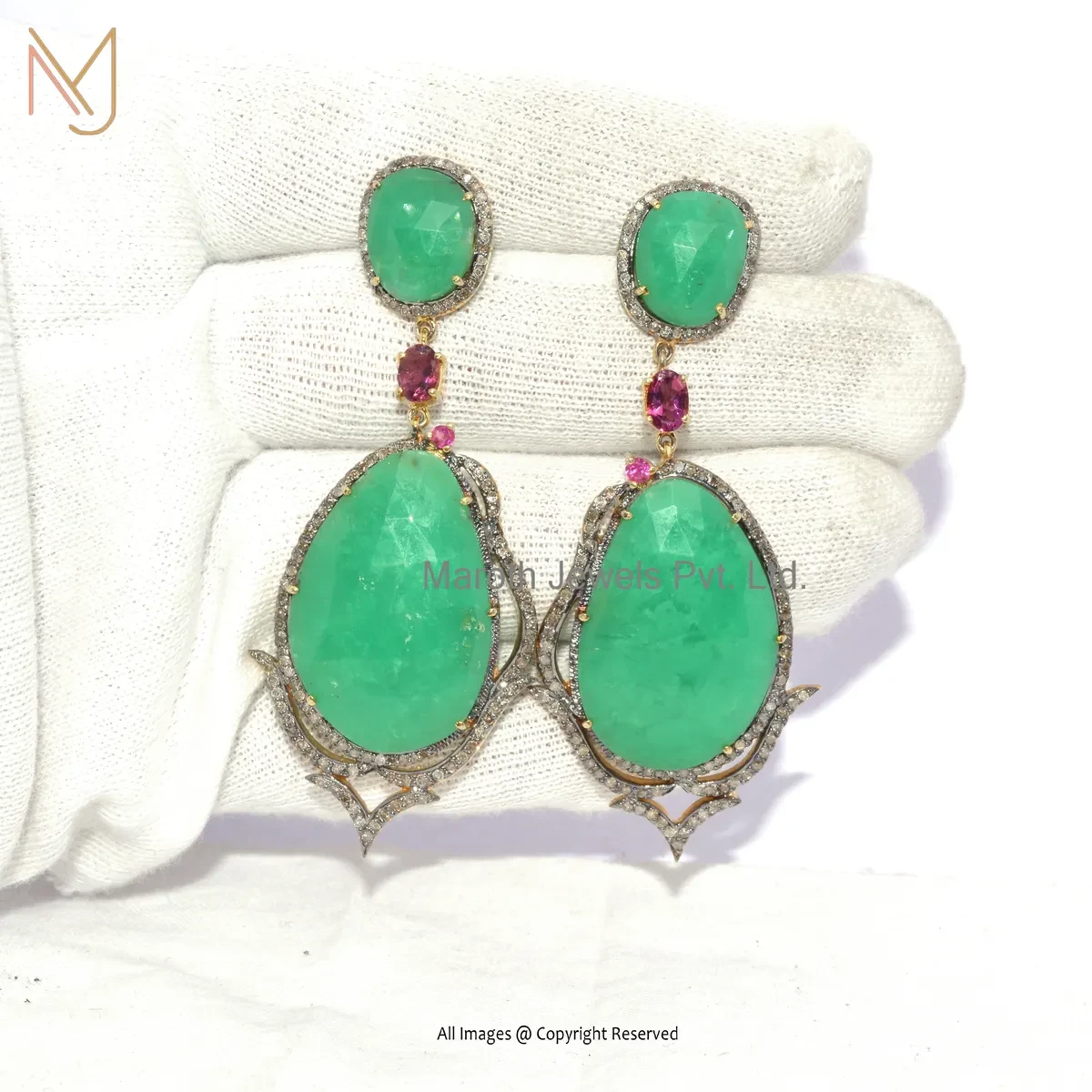 Private Lable 925 Silver Rhodium Yellow Gold Plated Pave Diamond , Green Onyx , Pink Sapphire Gemstone Dangle Earring