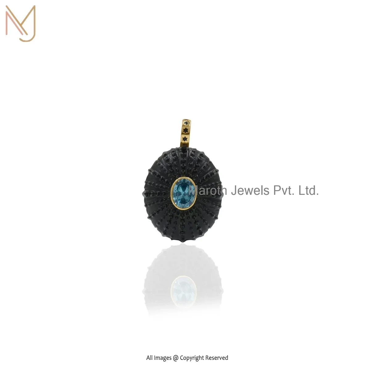 925 Silver Yellow Gold Plated Clear Quartz And Blue Topaz & Enamel Gemstone Disc Pendant USA