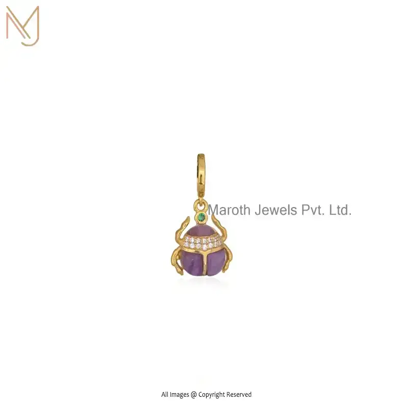 925 Sterling Silver Yellow Gold Plated Amethyst And CZ Scarab Charm Pendant Manufacturer