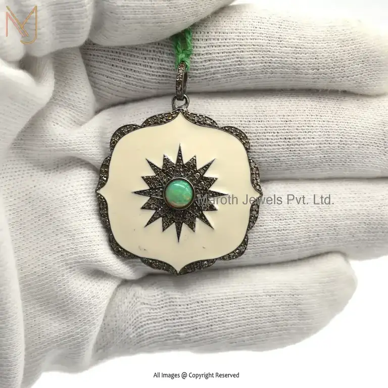 925 Sterling Silver Black Rhodium Plated Pave Diamond Opal & White Enamel Gemstone Pendant Jewelry Supplier