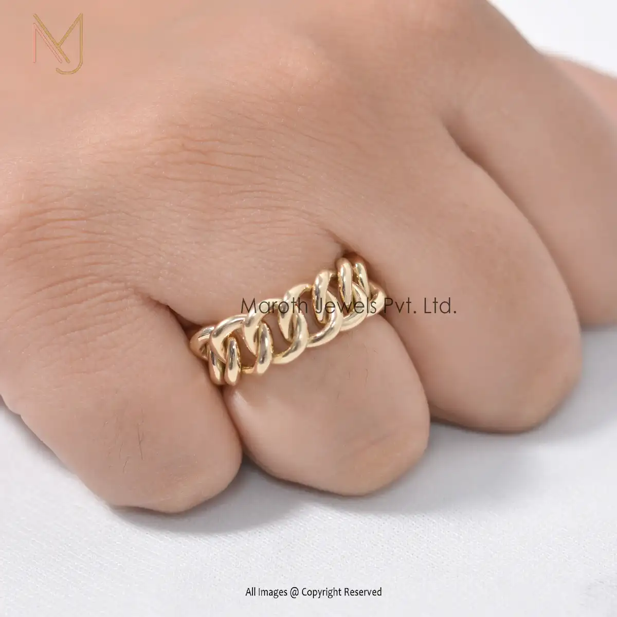 14K Yellow Gold Curb Link Chain Beads Ring Custom Jewelry