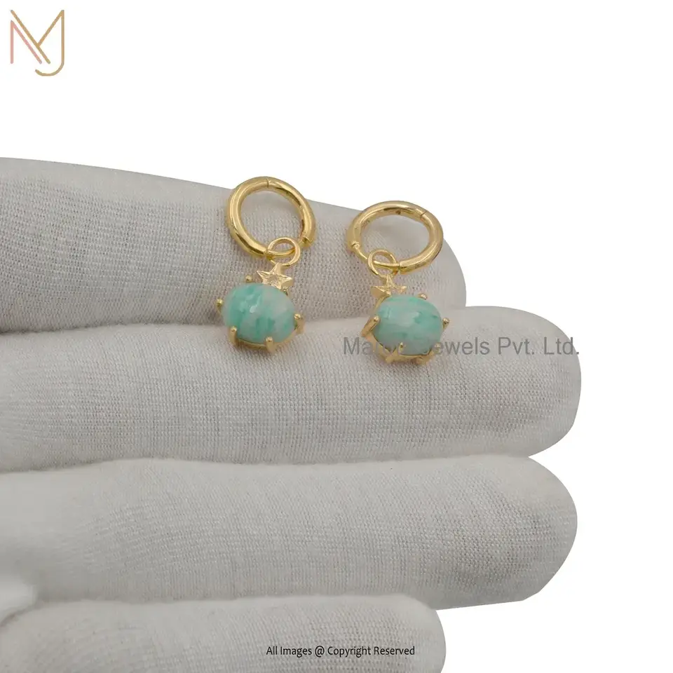 14K Yellow Gold Pave Diamond And Malachite Gemstone Oval Leverback Dangle Earrings USA