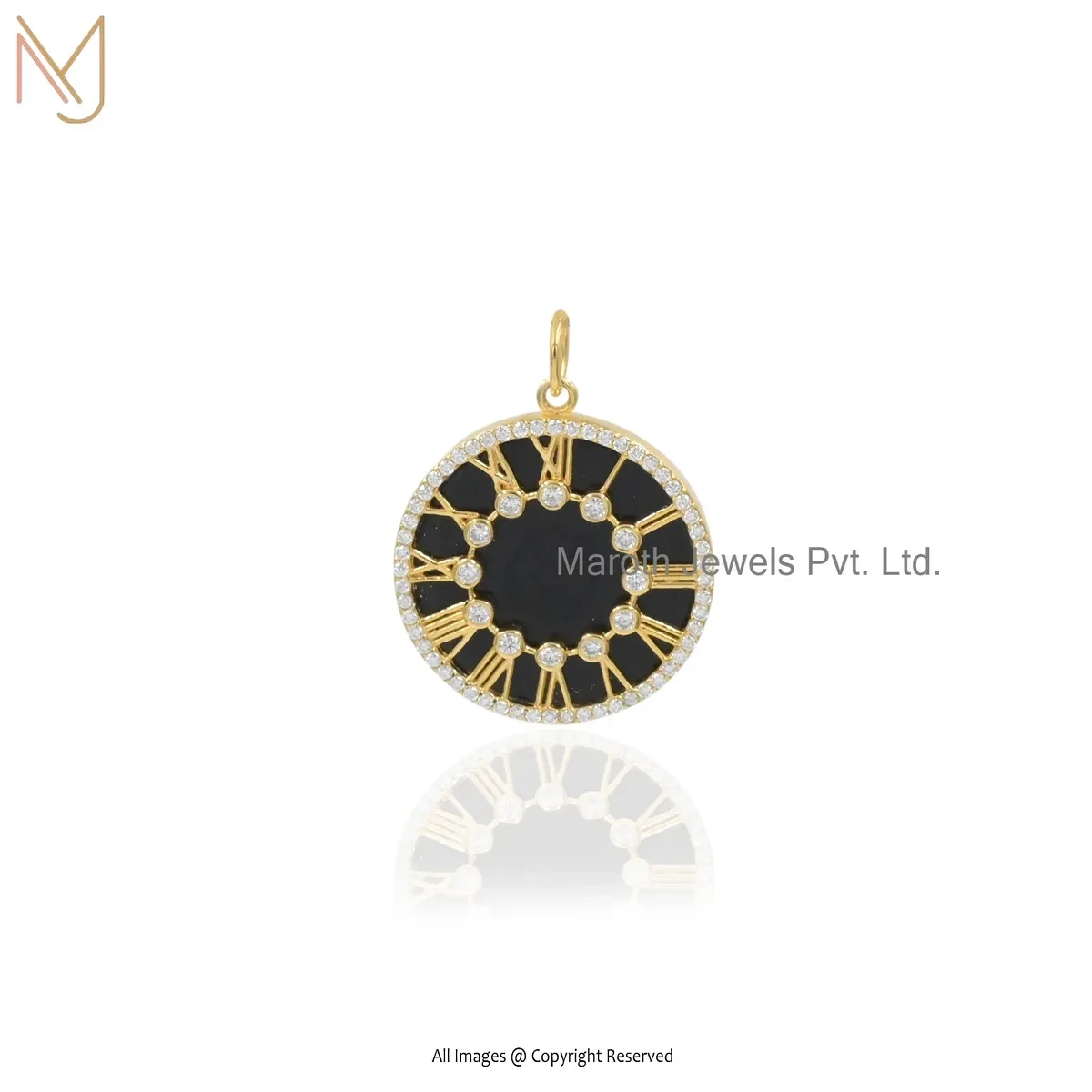 925 Silver Yellow Gold Plated Black Onyx Moissanite Gemstone Roman Clock Pendant USA