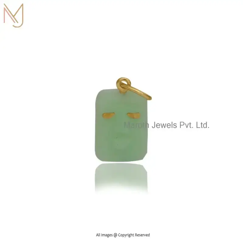 925 Silver Yellow Gold Plated Green Opal And Carved Face Pendant Custom Jewelry