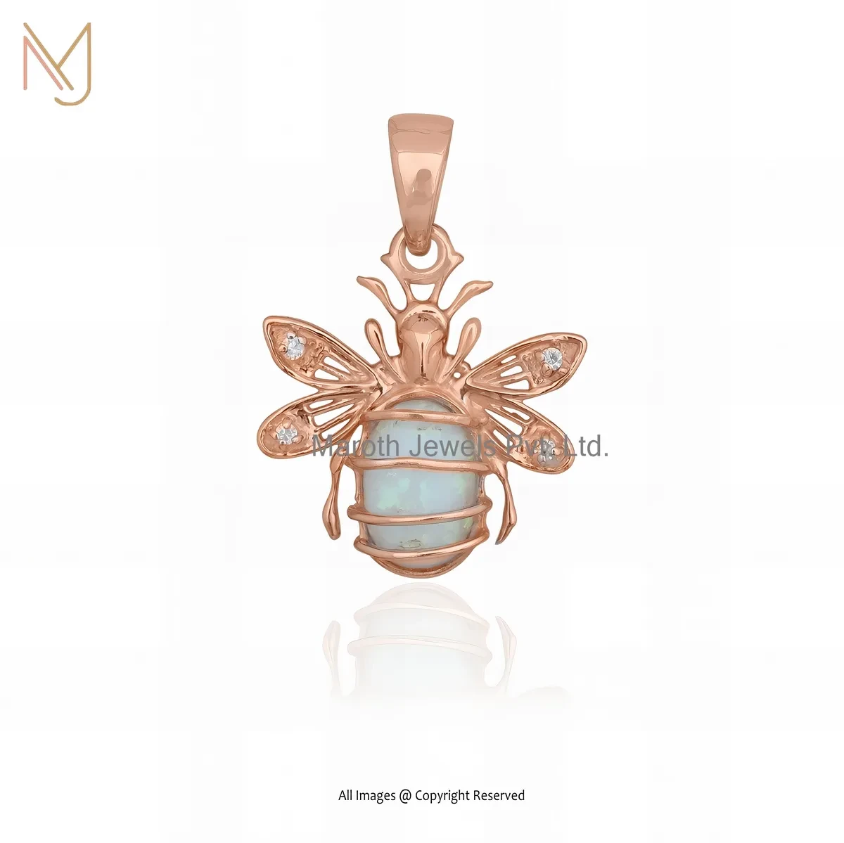 Private Lable 14K Yellow Gold Mossanite & Ethiopian Opal Gemstone Bee Charm Pendant