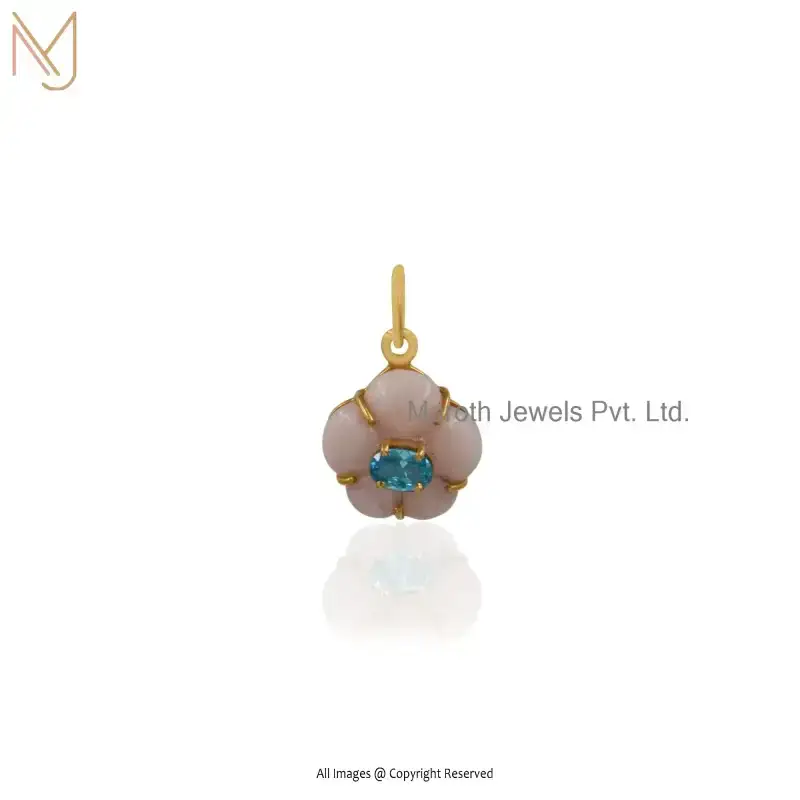 14K Yellow Gold Pink Opal And Blue Aquamarine Flower Pendant Custom Jewelry