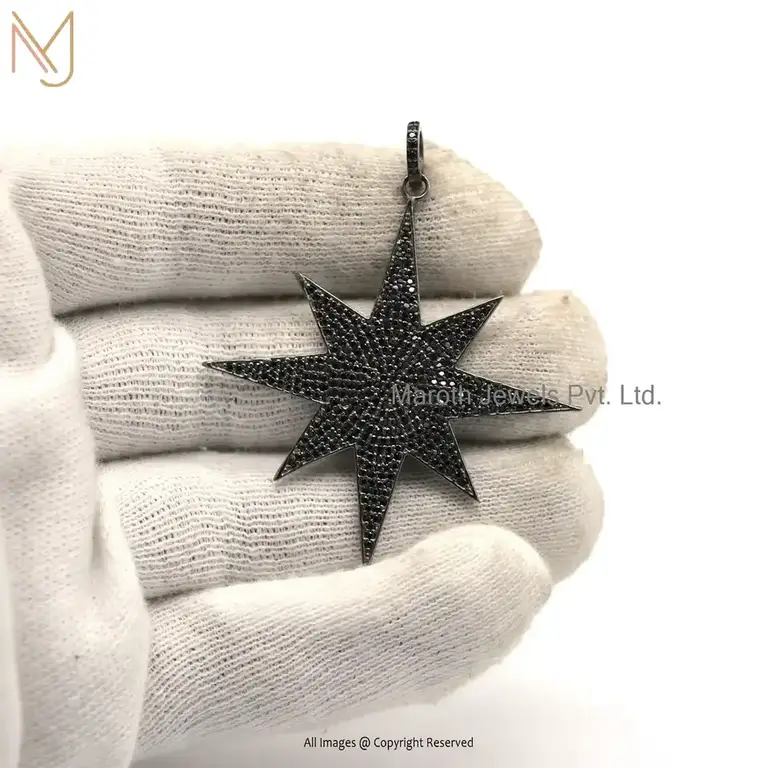 Private Lable 925 Sterling Silver Black Rhodium Plated & Black Diamond Star Pendant Jewelry