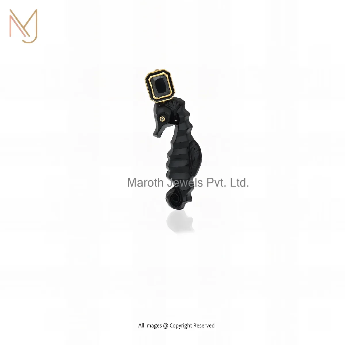 9K Yellow Gold Diamond Black Cubic Zircon & Black Onyx And Black Enamel Seahorse Pendant USA