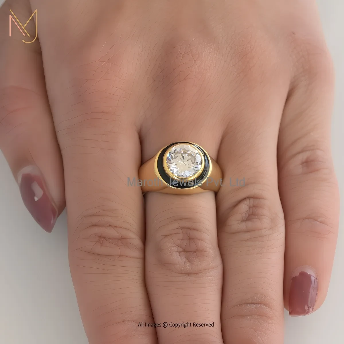Wholesale 925 SIlver Yellow Gold Plated Cubic Zircon And Black Enamel Diamond Signet Ring