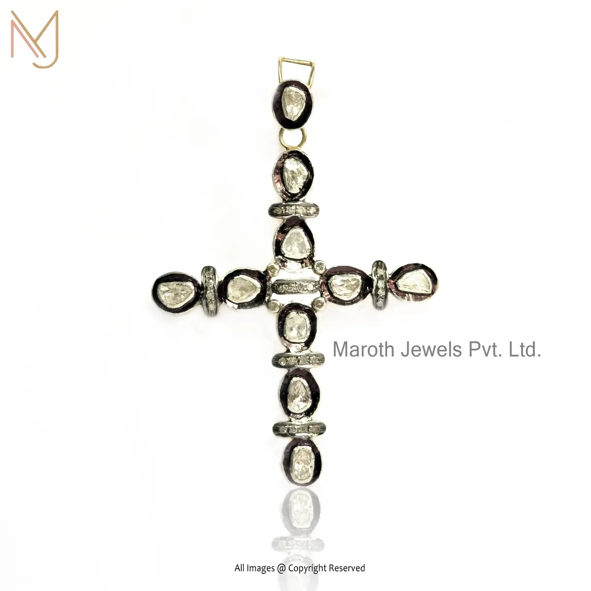 Wholesale 14K Yellow Gold Pave Diamond And Rose Cut Diamond Cross Pendant