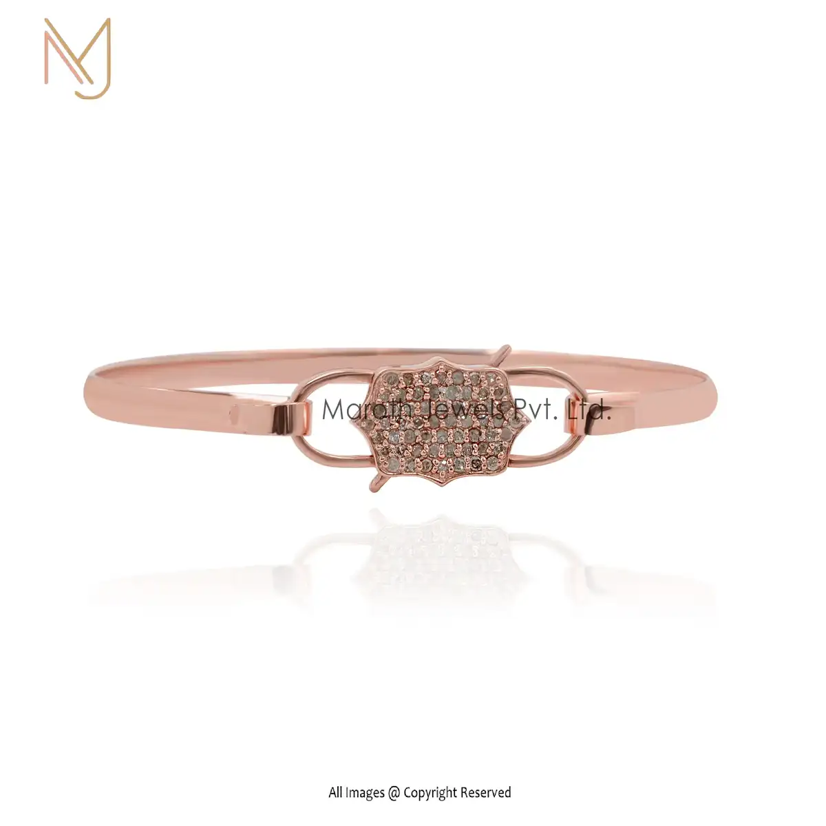 925 Silver Rose Gold Plated Pave Diamond Padlock Cuff Bangle Wholesale