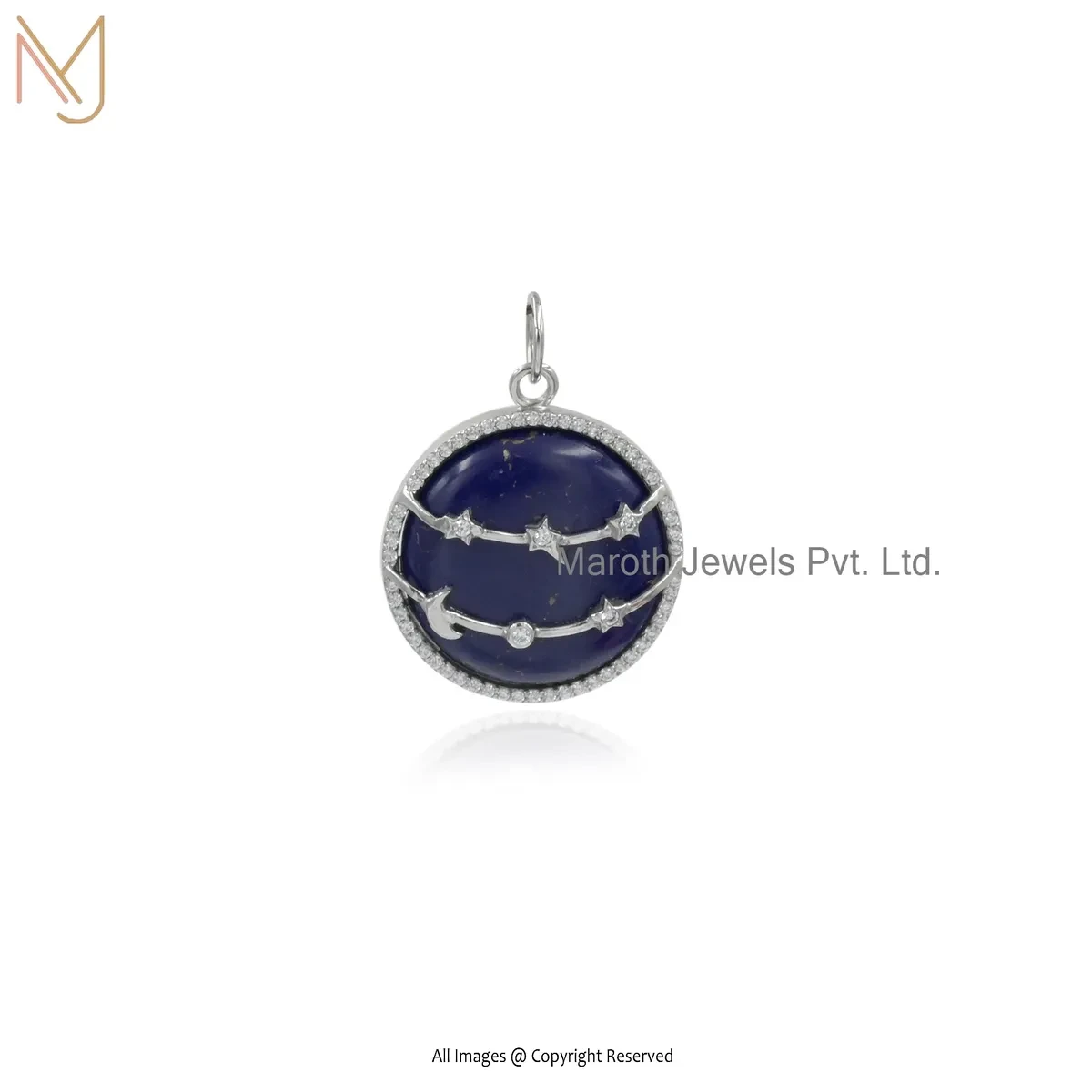 925 Silver White Gold Plated CZ & Lapiz Lazuli Gemstone Star Disc Pendant Manufcaturer