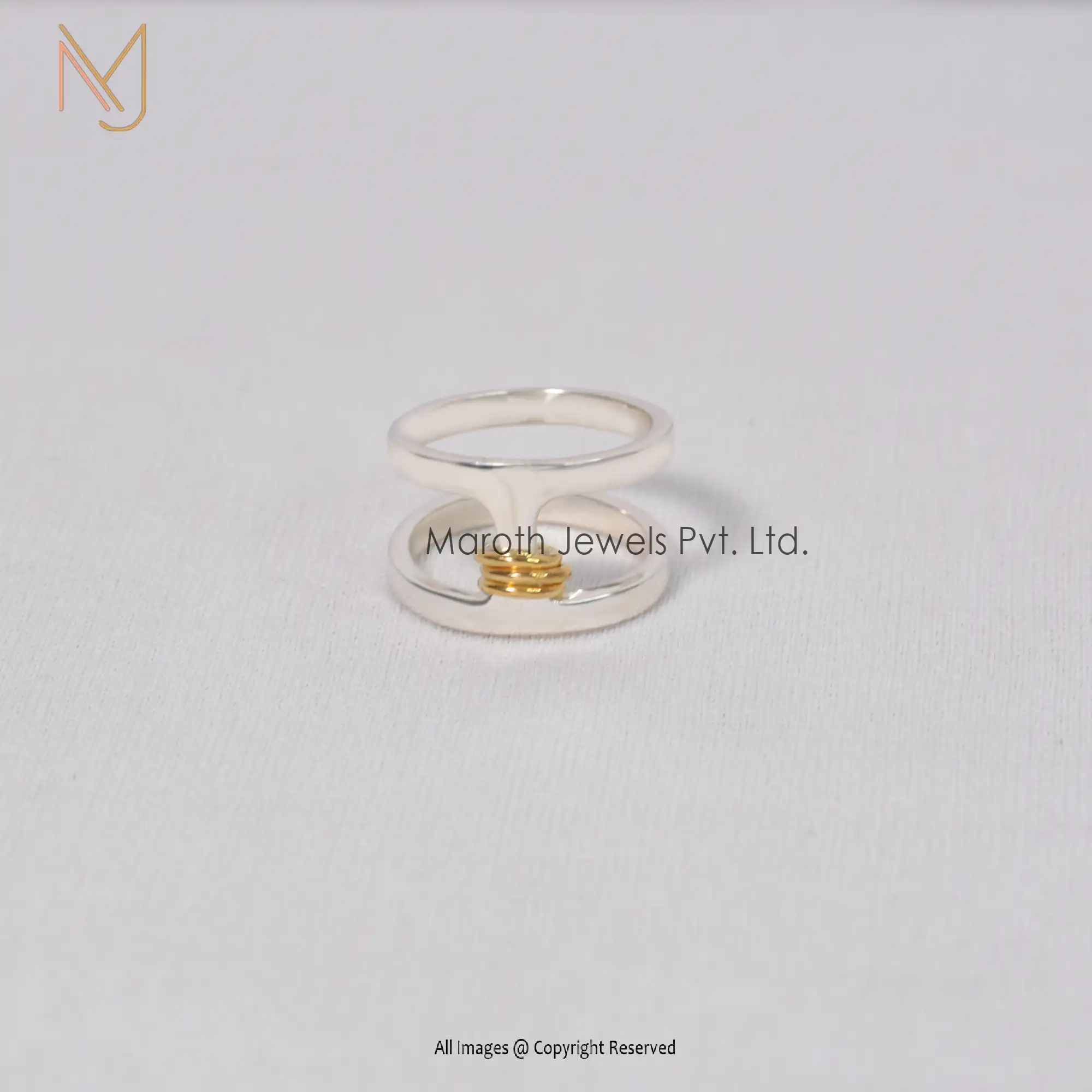 925 Silver Natural Silver & Yellow Gold Connector Band Ring Wholesale