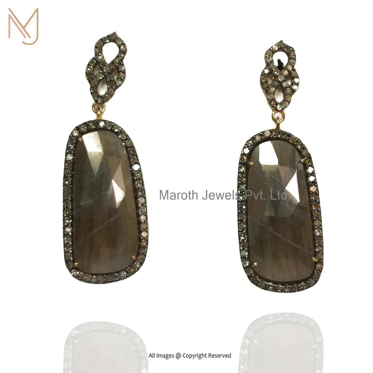 Private Lable 925 Silver Rhodium Yellow Gold Plated Pave Diamond Rutile Quartz Gemstone Drop Earring