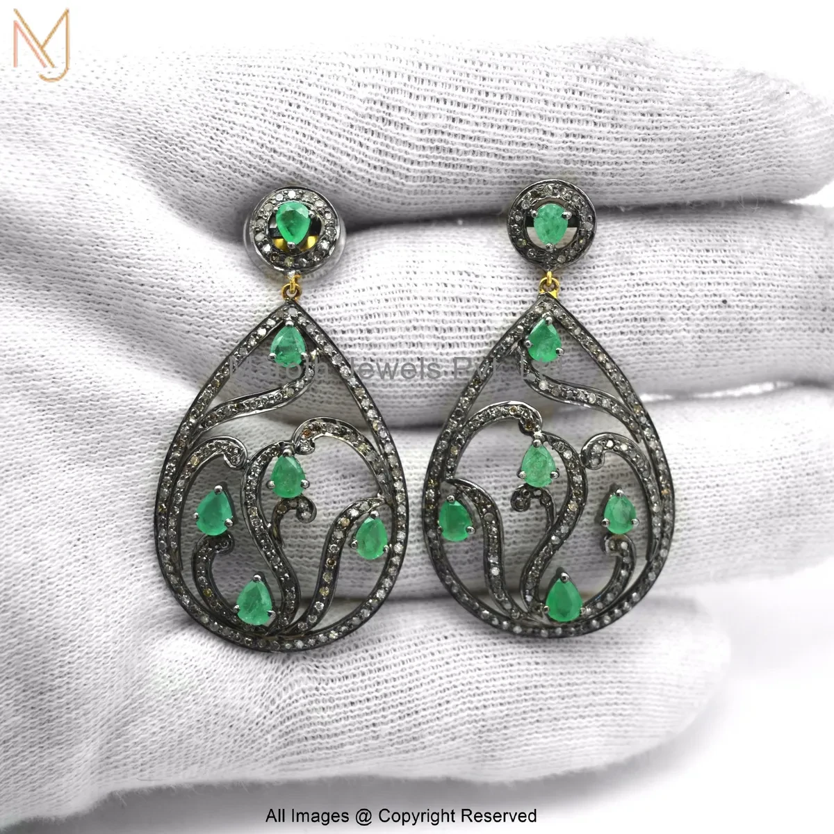 Wholesale 925 Silver Yellow Gold Rhodium Plated Pave Diamond Emerald Drop Earring