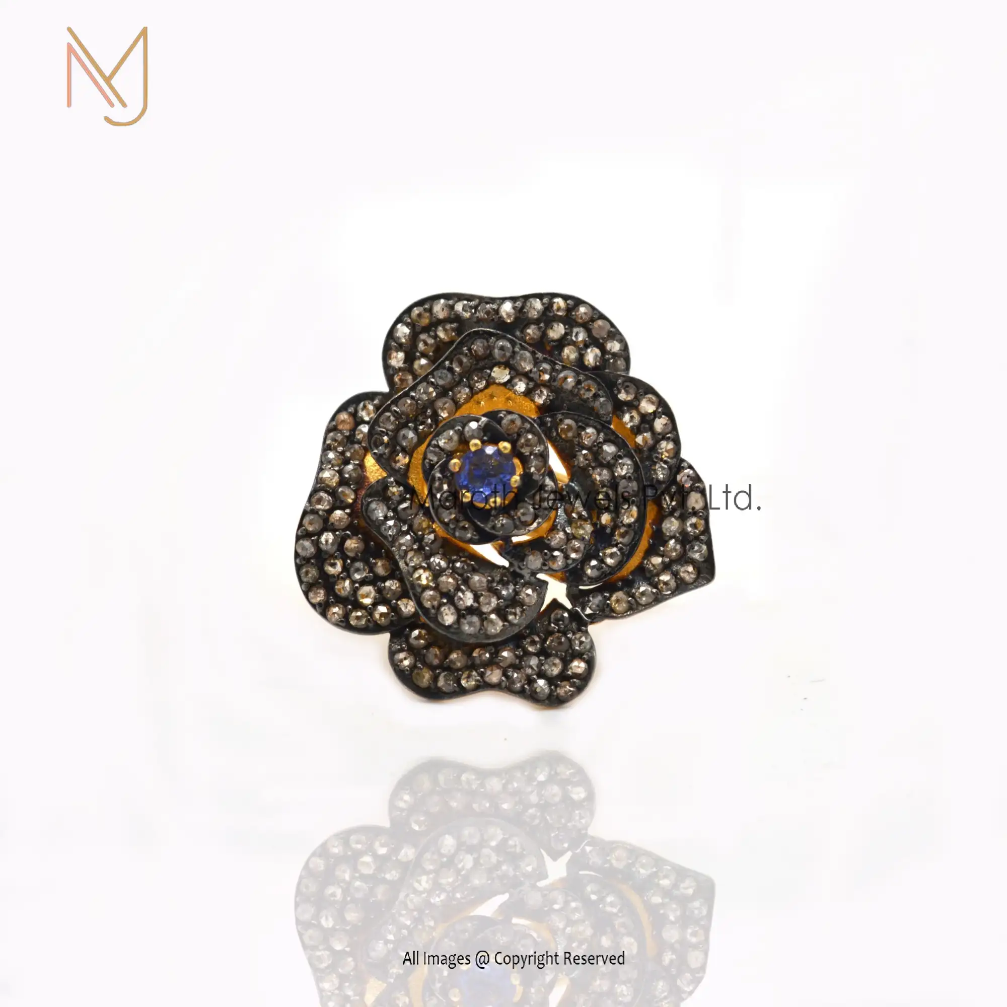 925 Silver Rhodium Yellow Gold Plated Pave Diamond Blue Ssapphire Gemstone Ring Manufacturer