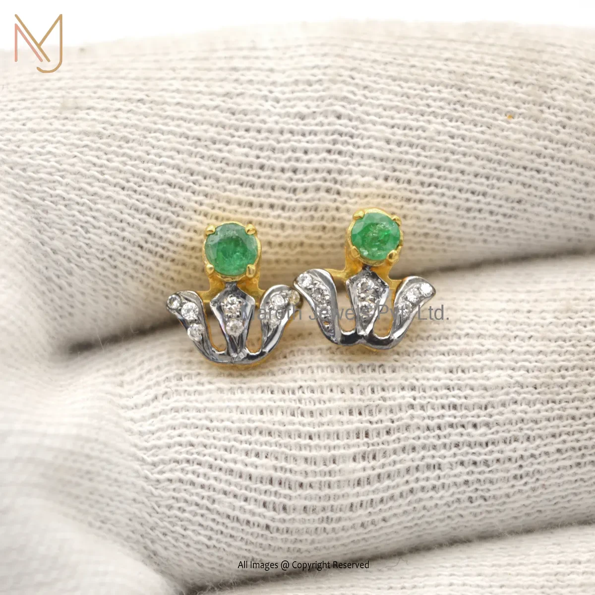 14K Yellow Gold Pave Diamond Emerald Gemstone Stud Earring Manufacturer
