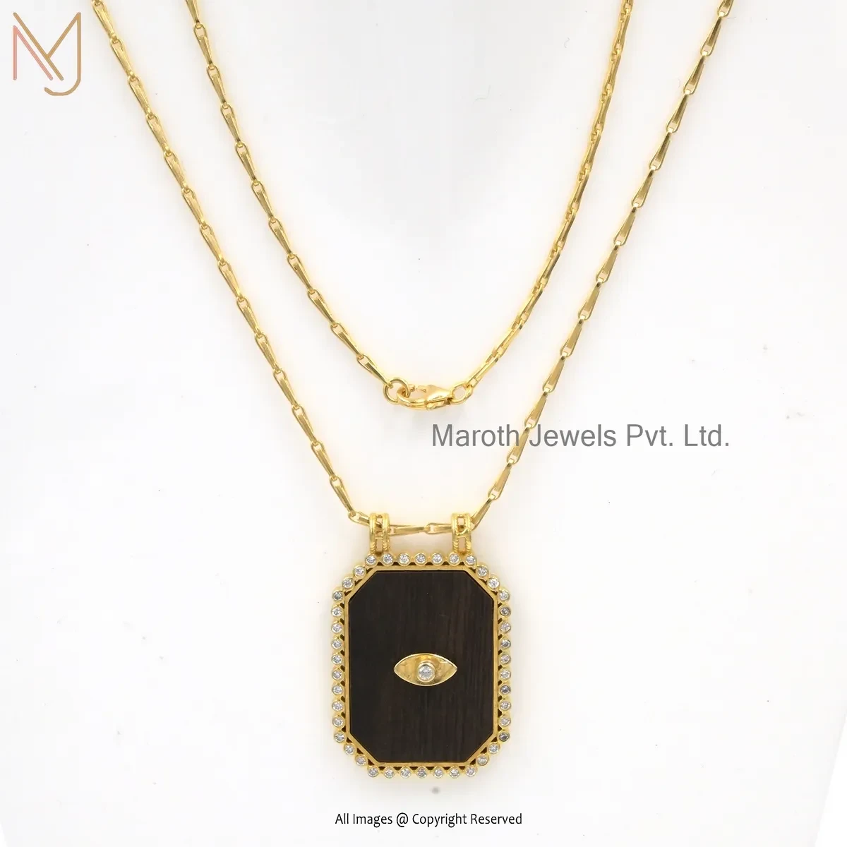 925 Silver Yellow Gold Plated Cubic Zircon And Enamel & Wooden Evil Eye Gemstone Pendant Jewelry Supplier
