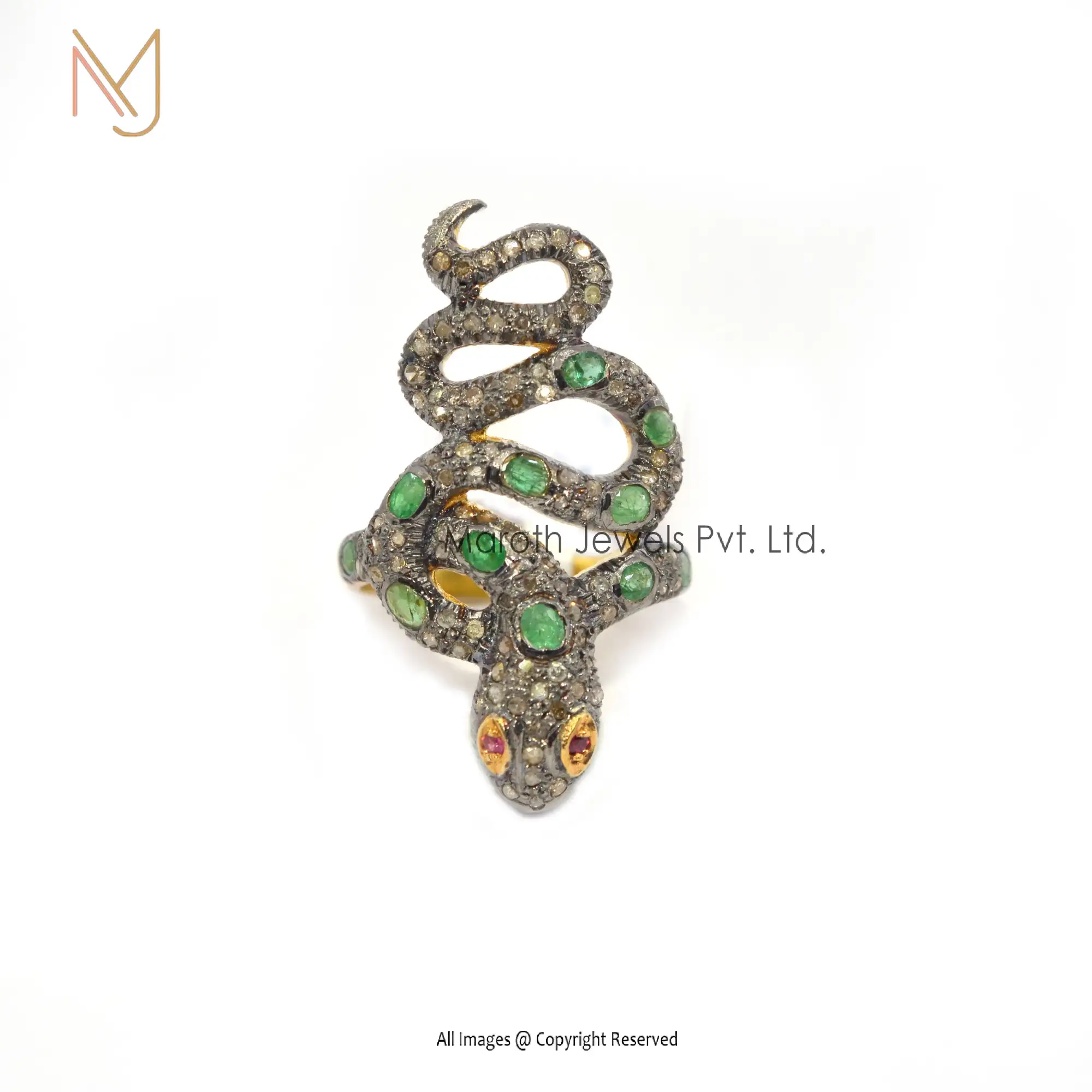 925 Silver Rhodium Yellow Gold Plated Pave Diamond & Emerad , Ruby Gemstone Snake Ring Manufacturer