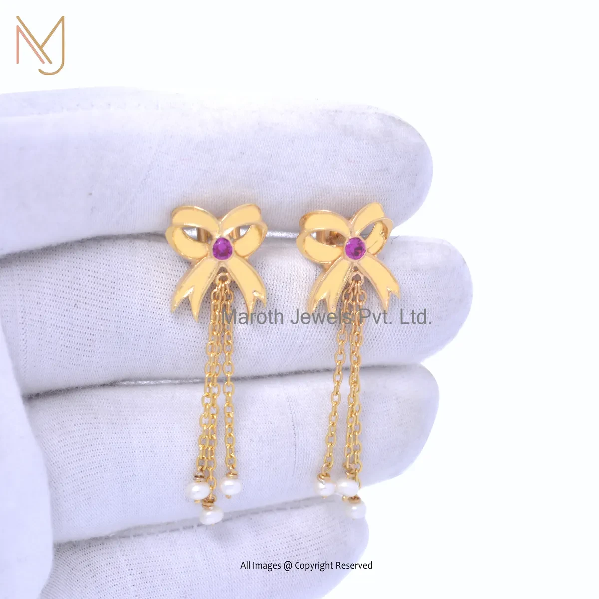 Wholesale 925 Silver Yellow Gold Plated Pink Cubic Zircon Pearl Gemstone Chain Drop Earring