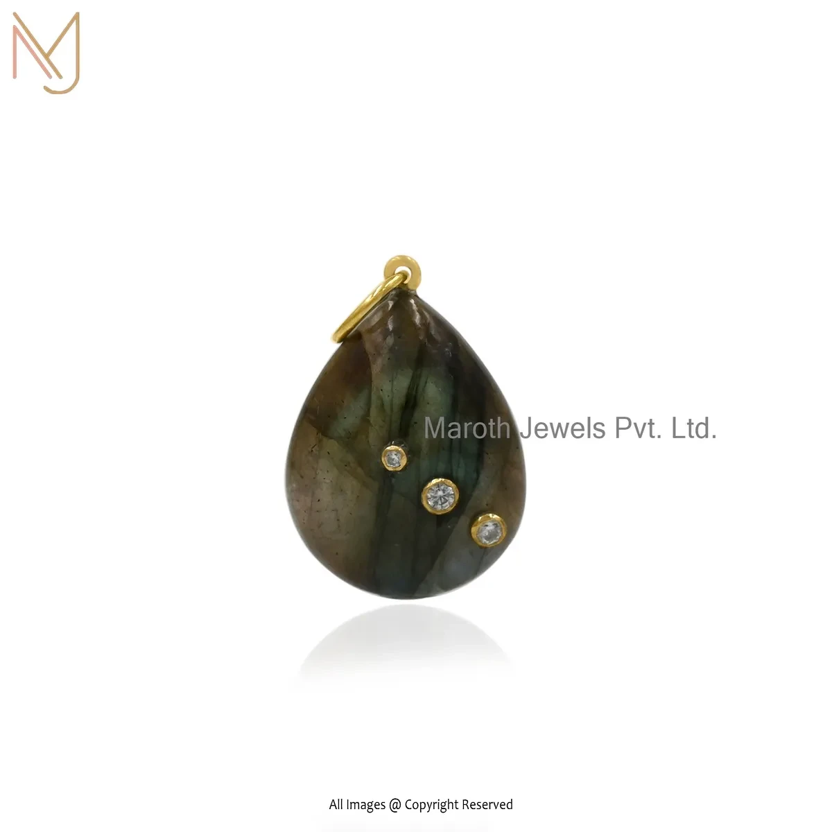 925 Silver Yellow Gold Plated Cubic Zircon & Labradorite TearDrop Pendant Jewelry Supplier