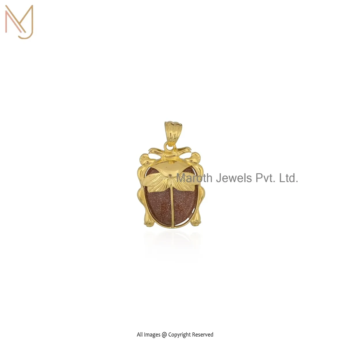 925 Silver Yellow Gold Plated Sunstone Scarab Pendant Custom Jewelry