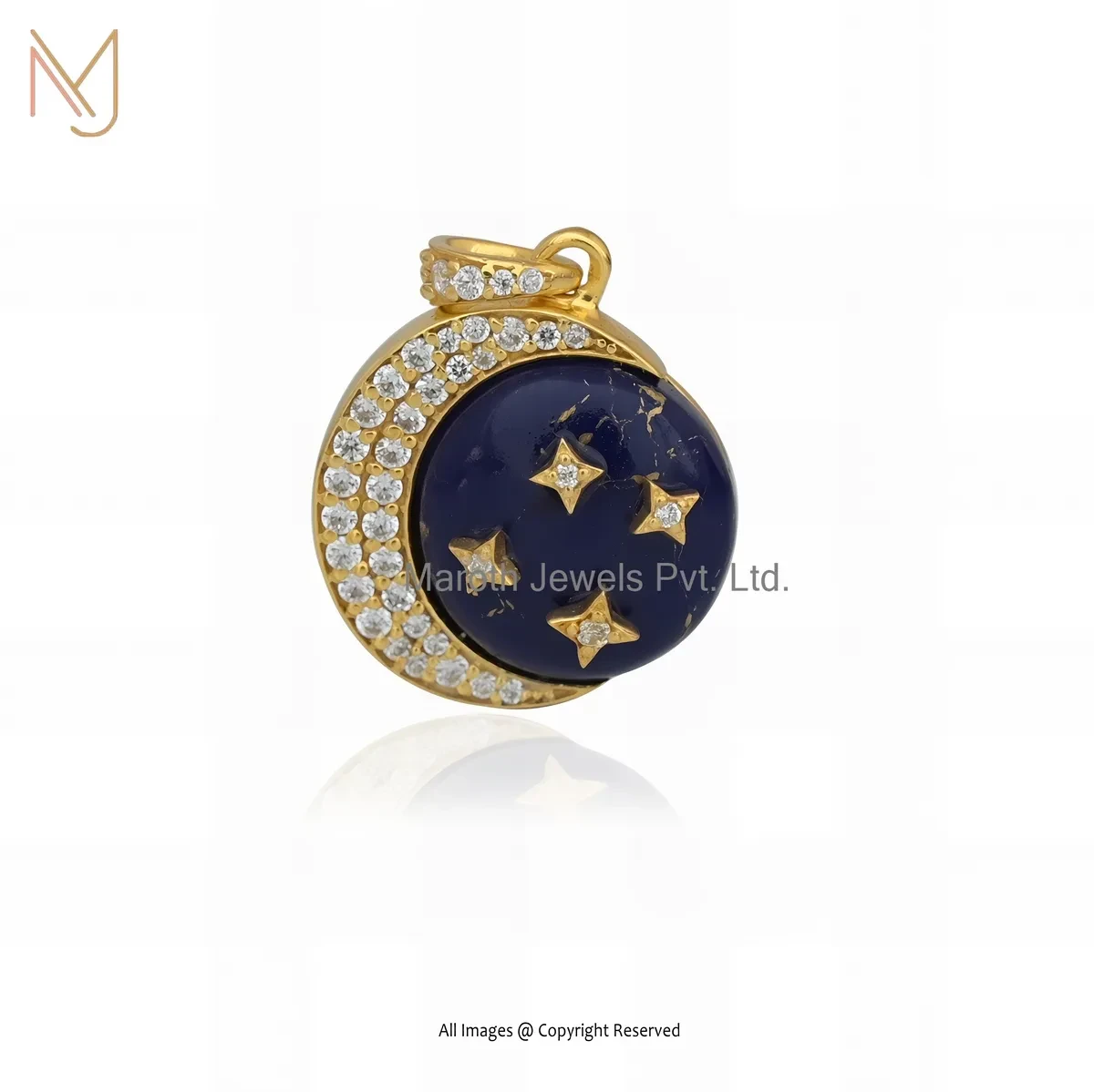 925 Sterling Silver Yellow Gold Plated Lapiz Lazuli And White CZ Moon Pendant USA