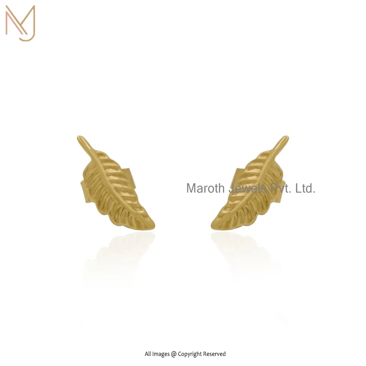 14K Yellow Gold Feather Stud Earring Manufacturer