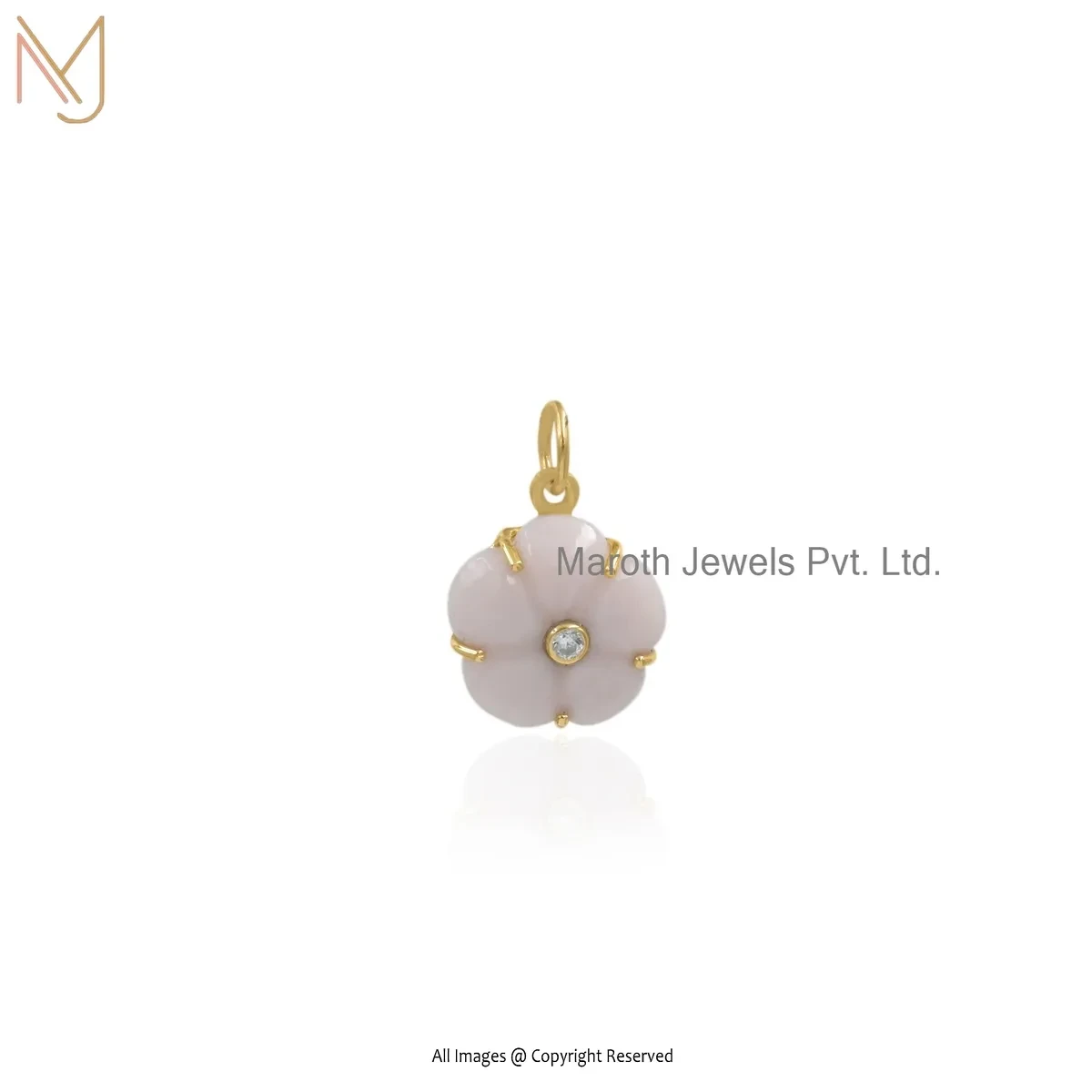 Private Lable 925 Silver Yellow Gold Plated Diamond & Pink Opal Gemstone Flower Pendant