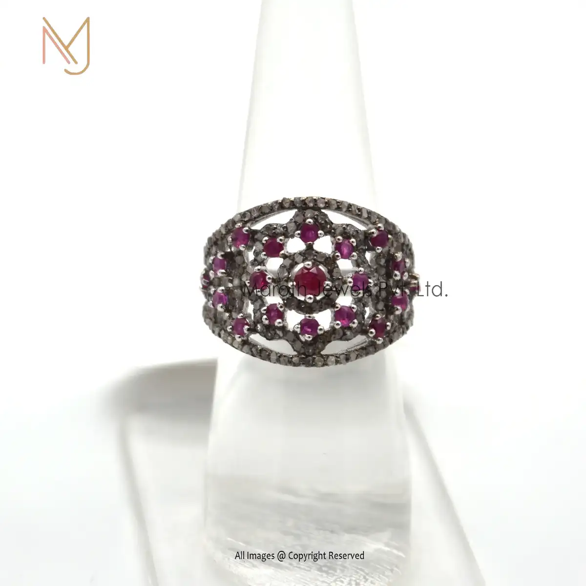 925 Silver White Gold  Rhodium Pave Diamond And Ruby Gemstone Vintage Ring Jewelry Manufacturer