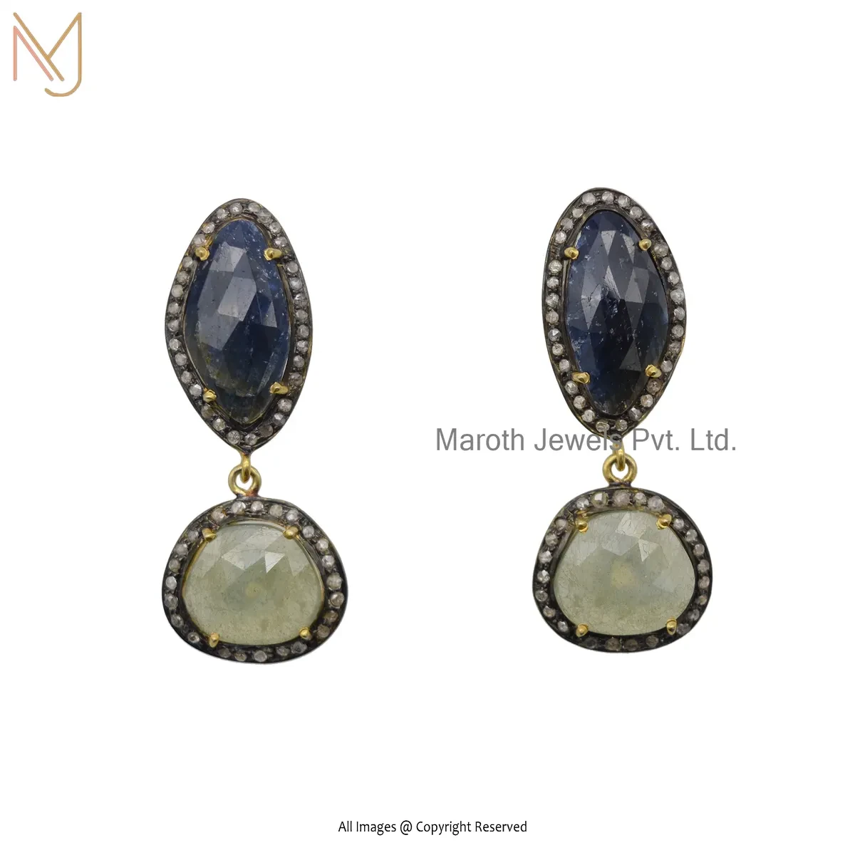 925 Silver Yellow Gold Plated Pave Diamond Blue Sapphire Drop Earring Jewelry Supplier