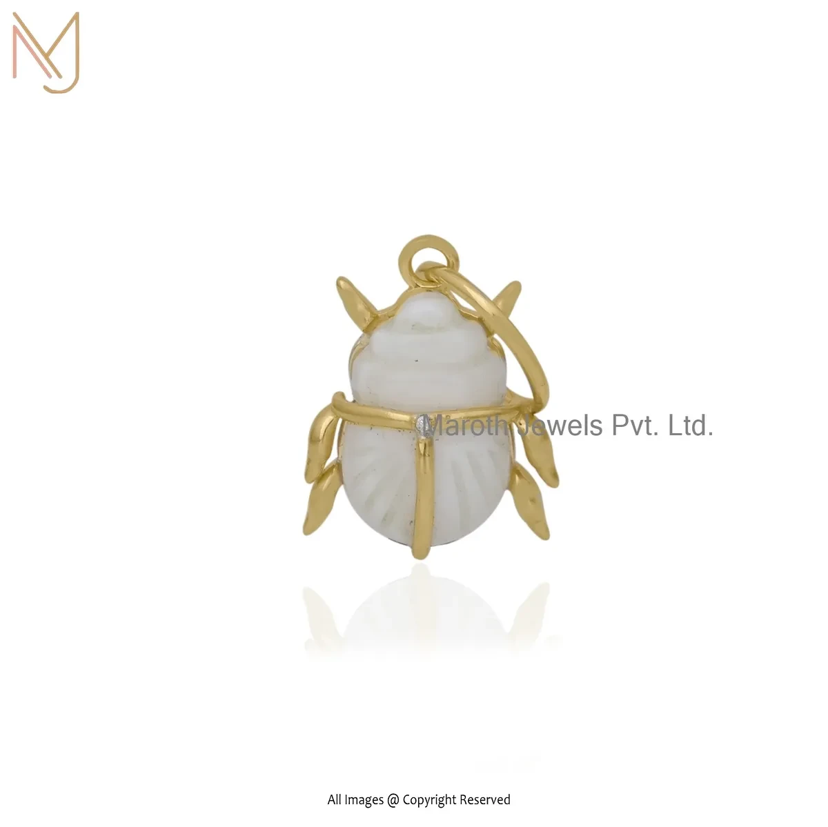 Private Lable 14K Yellow Gold Mother Of Pearl And Cubic Zircon Scarab Pendant