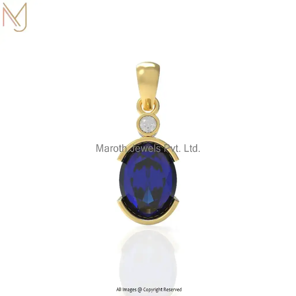 14K Yellow Gold Diamond Blue Sapphire Pendant Jewelry Supplier